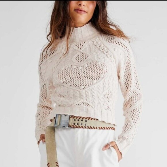 Free People Sweaters - Free People Cozy Cream Cable-Knit Mock Neck Heart Sweater